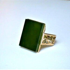 Antique Deco Solid 14K Yellow Gold Green Nephrite Jade Filigree Cocktail Ring P